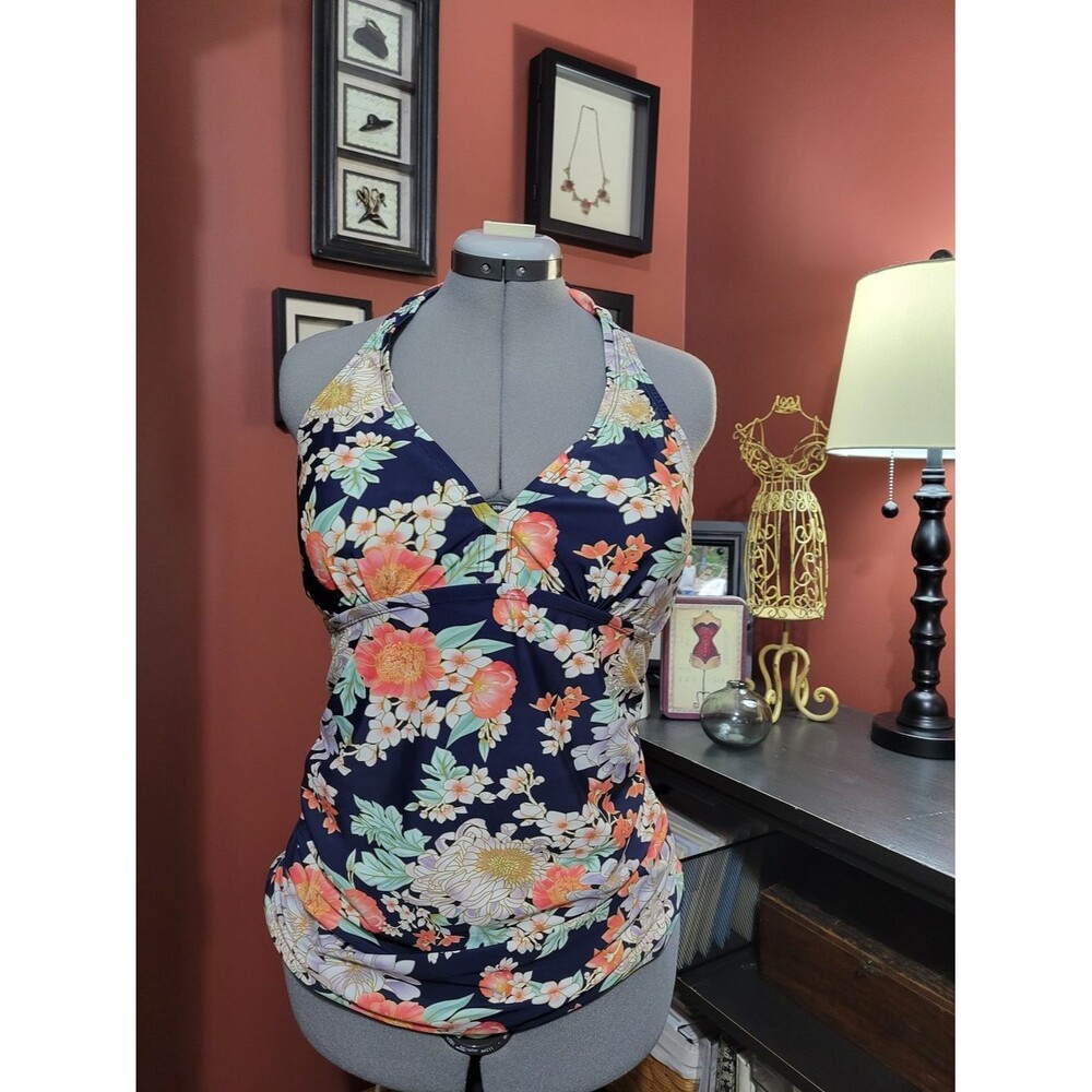 Navy Floral Halter One-Piece Swimsuit with Coral & Cream Blooms